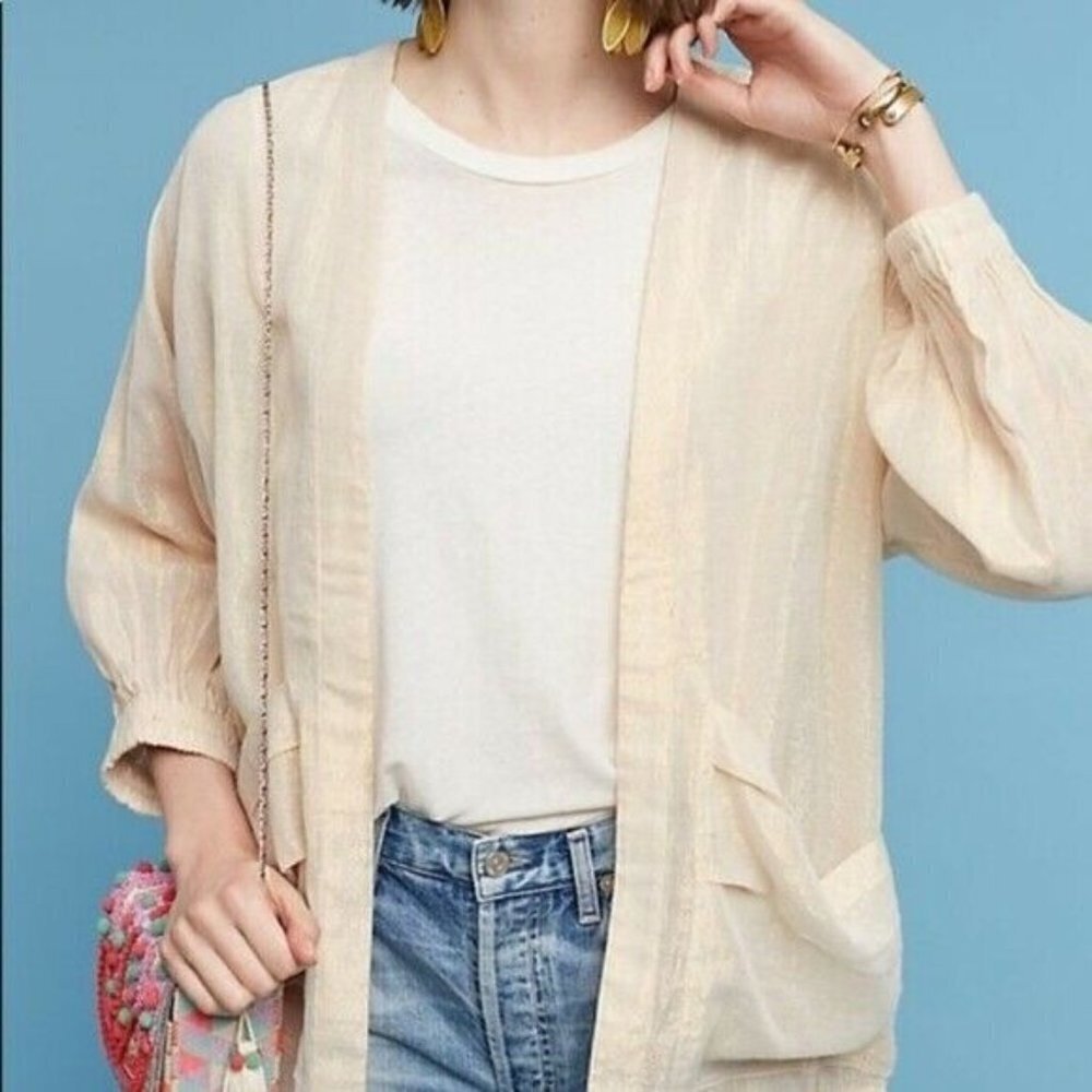 Anthropologie Hei Hei Daybreak Metallic Kimono Jacket Size XS Peach Sparkle